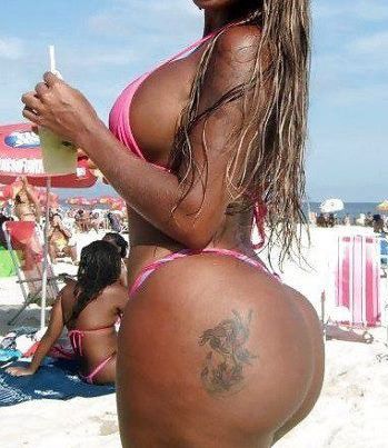 Big Ass Black Bikini - Beach girl with big tattoo butt & big breasts in bikini